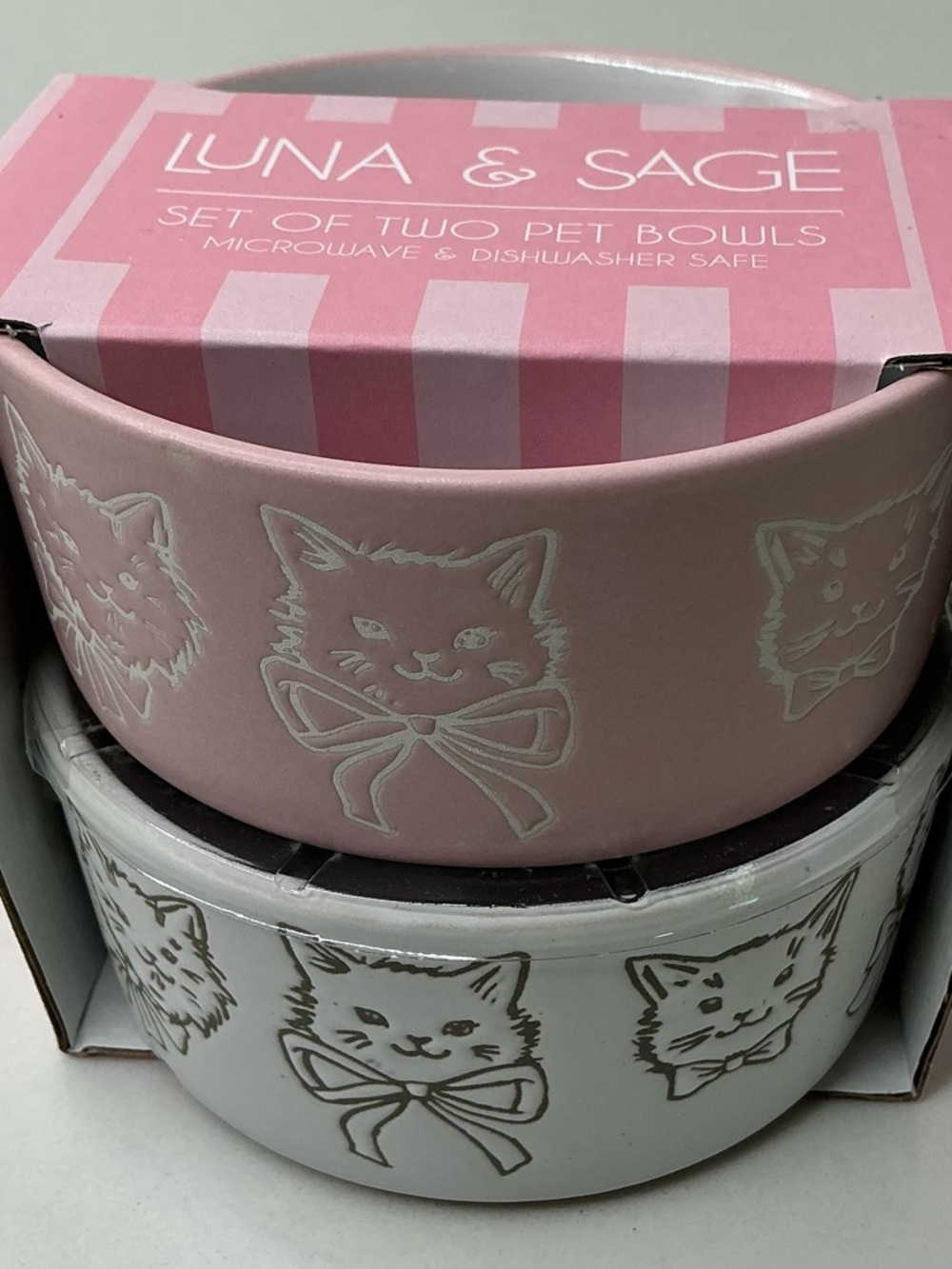 Luna & Sage PET BOWL CAT FACE WITH BOW PINK& IVORY NEW